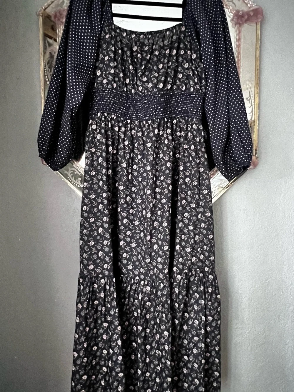 Christy Dawn , Jennica Dress, Navy Floral Dress with White Polka Dot Sleeves